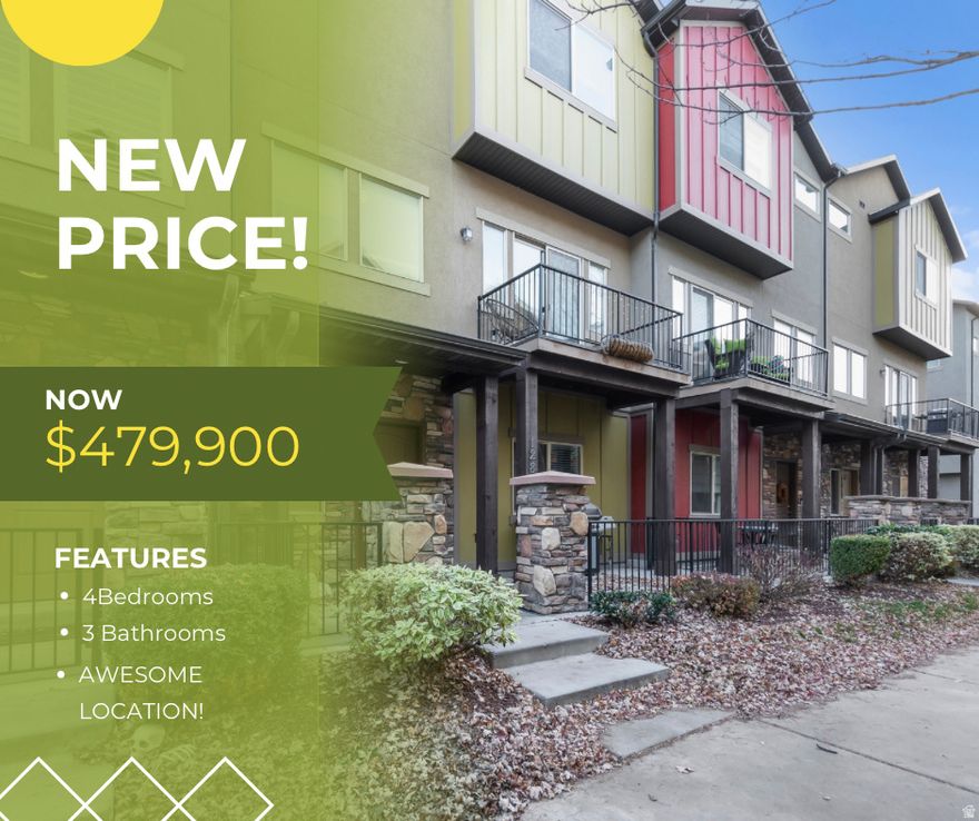 PRICE IMPROVEMENT!  HOA pays for insurance, earthquake insurance, water, sewer, trash, maintenance and snow removal!  In the heart of South Salt Lake, discover the perfect blend of contemporary design, generous space, and unparallel convenience in this stunning townhome. The heart of this home is its open concept living area. The floor plan seamlessly connects the living, dining, and kitchen spaces, making it perfect for entertaining and daily family life. The kitchen features stylish granite countertops including a large island and shaker cabinets throughout. Here you will find 4 bedrooms and 3 baths, a huge primary bedroom, walk-in closet, and an en-suit bath. Spacious 2 car garage, outdoor balcony perfect for gardening or relaxing. Close to freeways and shopping. All appliances can stay including washer and dryer.  square footage is provided as courtesy estimate only. Buyer is advised to verify all.