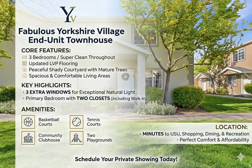 Fabulous Yorkshire End-Unit townhouse featuring 3 bedrooms and three extra windows that fill the home with natural light! This home has been exceptionally well cared for and is super clean throughout, with updated LVP. Nestled in a shady courtyard with mature trees and inviting green landscaping, the setting feels peaceful and welcoming.  Inside, you'll find spacious and comfortable living areas perfect for relaxing or entertaining. The primary bedroom offers excellent storage with two closets, including a walk-in closet and an additional sliding-door closet.  Residents of Yorkshire Village enjoy fantastic amenities including basketball and tennis courts, a clubhouse for larger gatherings, and two playgrounds. Conveniently located just minutes from USU, shopping, dining, and outdoor recreation, this home offers the perfect combination of comfort, convenience, and affordability.  Schedule your private showing today!  Buyer is advised to obtain an independent measurement.