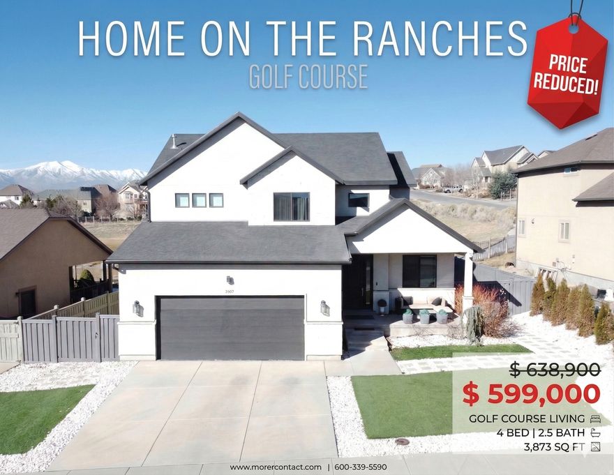 Open House Saturday March 14 10:00am to Noon.  Adjacent to the Ranches Golf Club, this beautifully designed smart home offers golf course and mountain views with a bright, open floor plan. Features include tall ceilings, 9 ft basement, extra-large windows, custom staircase, and black marble backsplash and countertops.  Front and backyard feature premium turf, Trex fencing, and pavers for low maintenance and water conservation. The living room includes a built-in entertainment center with gas fireplace. Finished garage with enameled floors.  Upstairs offers four generously sized bedrooms, including a spacious primary suite with walk-in closet and spa-style bath. Unfinished daylight basement provides excellent expansion potential.  Quiet golf-course community with parks, pool, and trails, minutes from schools, shopping, and recreation.  Seller is a foreign person/entity; transaction subject to FIRPTA withholding requirements.