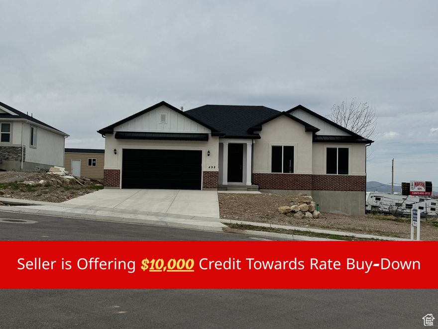 Move In Ready! Beautiful new home on the East bench of Santaquin. Open floor plan with large living area and kitchen. Made for entertaining. Big windows for natural light. Granite countertops throughout. LVP and carpet flooring. Master bath with separate tub and shower with tile. Daylight basement. Great location in quiet neighborhood. No HOA fees. Seller will contribute to buy down the interest rate.