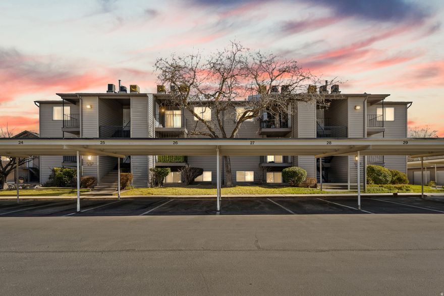 Lovely Murray condo now available and ready to impress! Step inside to a bright, inviting family room featuring stylish laminate flooring and an open layout that flows seamlessly into the kitchen, perfect for both everyday living and entertaining. The kitchen shines with crisp white cabinetry, granite countertops, a classic subway tile backsplash, and trendy modern floating shelves, creating a clean and contemporary feel. Just off the kitchen, enjoy a convenient semi-formal dining space complete with a ceiling fan, ideal for cozy meals or hosting friends. The oversized bedroom is a true retreat, offering generous space and an impressively large walk-in closet. The en-suite bathroom adds comfort and style with a granite vanity, undermount sink, tile flooring, and a full bath. Step outside and unwind on the private patio, perfect for enjoying a warm drink, reading a book, or relaxing after a long day, and take advantage of the additional patio storage for extra convenience. This condo is ideally located near all the Fort Union amenities, including Home Depot, Walmart, Target, restaurants, shopping, movie theaters, and easy freeway access. The unit includes one covered parking space, along with additional guest parking. The condo also features central air conditioning. While there is no in-unit laundry, an on-site laundry room is available, and in-unit laundry may be added, as other units in the community have done so. HOA amenities include a clubhouse, pool, exercise room, tennis courts, storage units, and on-site laundry. This charming Murray condo offers comfort, style, and functionality in a fantastic location-don't miss your opportunity to call it home! Buyer and Buyer's Agent to verify all information. Square footage figures are provided as a courtesy estimate only. Buyer is advised to obtain independent measurements.