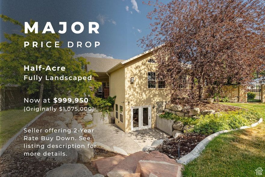 Custom Rambler on a beautifully landscaped half-acre lot is now $999,950. (Originally $1,075,00) This is an incredible bargain you don't want to miss. Plus a seller-paid concession of a 2-1 rate buydown^^, reducing the buyer's interest rate by 2% for the first year of their loan and 1% the second year. Here's what makes this home unforgettable: With expansive indoor & outdoor amenities, this half-acre property gives you a refuge within your secluded backyard including a soothing water feature next to the covered patio. You'll find comfort and versatility in this beautifully crafted 5-bedroom, 3-bathroom custom rambler, with a NEW ROOF in 2024. Nestled on a fully landscaped 0.52*-acre lot in a prime location on the border of Riverton and South Jordan, this beautiful home boasts over 4,200 square feet of flexible living space. Located just minutes from shopping, dining, parks, and popular entertainment at The District. Step inside to find main-level living with soaring 9'12' ceilings, elegant finishes, and a spacious, open-concept design. The heart of the home is the well-appointed kitchen with granite countertops and custom cabinetry, flowing into a welcoming family room with a fireplace, ideal for gathering and entertaining.  A formal living room, dedicated home office with built-in desk and cabinetry, and a grand primary suite with private access to the backyard patio, complete the thoughtfully arranged main level, offering both functionality and comfort. Downstairs, the fully finished daylight basement expands the living space even further. A generous second family room opens into a flexible recreation area, perfect for games, hobbies, or fitness. French doors lead directly outside, creating a seamless walk-out basement experience. The lower level also includes a separate craft room, an under-the-stairs play area, and a sound-optimized theater room complete with a kitchenette, ideal for movie nights or casual entertaining. Clever storage solutions are found throughout the home, maximizing space and organization. Outside, you'll enjoy a true backyard retreat featuring a sports court, putting green, covered patio, fire pit, pergola, garden boxes, play structure, and mature trees. Two storage sheds, RV parking, and an oversized 3-car garage with extra height and depth offer ample room for vehicles, tools, and gear. *An additional strip of land of [ .02] acre, adjacent to the parcel with the home on it, and on a separate parcel number [27-21-404-014] has been added to this listing. The land is inside the fenced area of the property, but has not been combined into a single parcel number at this time. Additional taxes for the additional parcel are estimated at $62.24 annually.   ^^Buyer is not obligated to use the Lassig Team of Cross Country Mortgage to have their offer accepted. However, buyer must use the Lassig Team to receive the offered buydown. The Lassig Team can issue loan approvals in as little as 5 days and close in 10 days. Restrictions apply. The Lassig Team 340314.   Square footage figures are provided as a courtesy estimate only and were obtained from county records .  Buyer is advised to obtain an independent measurement.