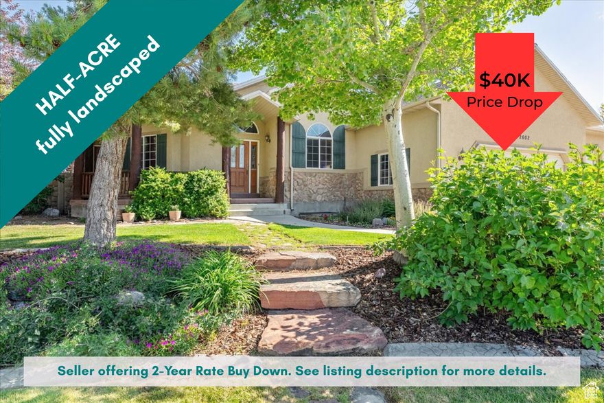 $40K Price Drop!!! Custom Rambler in Riverton Now $1,035,000. ^^Plus a seller paid concession of a 2-1 RATE BUYDOWN, reducing the buyer's interest rate by 2% for the first year of their loan and 1% the second year. Here's what makes this home unforgettable. With Expansive Indoor & Outdoor Amenities, this Half-Acre property gives you a refuge within your secluded backyard including a soothing water feature next to the covered patio. You'll find comfort and versatility in this beautifully crafted 5-bedroom, 3-bathroom custom rambler, with a NEW ROOF in 2024. Nestled on a fully landscaped 0.52*-acre lot in a prime location on the border of Riverton and South Jordan, this beautiful home boasts over 4,200 square feet of flexible living space. Located just minutes from shopping, dining, parks, and popular entertainment at The District. Step inside to find main-level living with soaring 9'12' ceilings, elegant finishes, and a spacious, open-concept design. The heart of the home is the well-appointed kitchen with granite countertops and custom cabinetry, flowing into a welcoming family room with a fireplace-ideal for gathering and entertaining.  A formal living room, dedicated home office with built-in desk and cabinetry, and a grand primary suite with private access to the backyard patio complete the thoughtfully arranged main level, offering both functionality and comfort. Downstairs, the fully finished daylight basement expands the living space even further. A generous second family room opens into a flexible recreation area, perfect for games, hobbies, or fitness. French doors lead directly outside, creating a seamless walk-out basement experience. The lower level also includes a separate craft room, an under-the-stairs play area, and a sound-optimized theater room complete with a kitchenette, ideal for movie nights or casual entertaining. Clever storage solutions are found throughout the home, maximizing space and organization. Outside, you'll enjoy a true backyard retreat featuring a sports court, putting green, covered patio, fire pit, pergola, garden boxes, play structure, and mature trees. Two storage sheds, RV parking, and an oversized 3-car garage with extra height and depth offer ample room for vehicles, tools, and gear. *An additional strip of land of [ .02] acre, adjacent to the parcel with the home on it, and on a separate parcel number [27-21-404-014] has been added to this listing. The land is inside the fenced area of the property, but has not been combined into a single parcel number at this time. Additional taxes for the additional parcel are estimated at $62.24 annually.   ^^Buyer is not obligated to use the Lassig Team of Cross Country Mortgage to have their offer accepted. However, buyer must use the Lassig Team to receive the offered buydown. The Lassig Team can issue loan approvals in as little as 5 days and close in 10 days. Restrictions apply. The Lassig Team 340314.   Square footage figures are provided as a courtesy estimate only and were obtained from county records .  Buyer is advised to obtain an independent measurement.