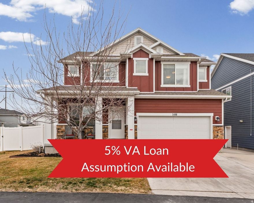 5% VA loan assumption available, contact Co Agent Brandon for details. Stunning Eagle Mountain two-story packed with upgrades, space, and unforgettable features! From the moment you step inside, you'll appreciate the fresh feel of new paint, new flooring, new toilets, updated ceiling fans, a new HVAC system, newer water softener, and an Ecobee smart thermostat-all thoughtfully updated for comfort and efficiency. The welcoming covered front porch is perfect for a warm morning drink or a quiet read, while the true formal office makes working from home or homework time effortless. The spacious family room is filled with natural light and offers the ideal setting for gatherings with friends and family. An open-concept layout flows seamlessly into the kitchen, creating an entertainer's dream. The chef-inspired kitchen features a modern backsplash, stainless steel appliances, a large island with bar seating, and a convenient semi-formal dining area, perfect for everyday meals or hosting. Just off the kitchen, the mudroom includes built-in backpack hooks for easy organization. The garage is a standout, showcasing epoxy floors, fresh paint, storage shelving, a Tesla EV charger, and a new smart garage door opener. Upstairs, a spacious loft provides flexible living space, ideal for a play area, bonus room, or potential additional bedroom. Two generously sized bedrooms each offer walk-in closets, along with a well-appointed laundry room and full bathroom. Behind elegant French doors, the primary suite is a true retreat with a ceiling fan and a beautiful en-suite bathroom featuring double sinks, a granite vanity, tile flooring, a separate soaking tub, and a walk-in shower with extra storage. The basement is pure fun and functional, offering an incredible kids' setup complete with a slide, monkey bars, and a miniature playhouse, sure to impress kids and grandkids alike. A large family room is perfect for entertaining, complemented by a modern three-quarter bathroom with a walk-in shower. Outside, enjoy a fully fenced backyard with an impressive Trex deck, expansive patio for summer BBQs, side-yard grass area, and convenient gate access. This home also features a dual-zoned HVAC system, with one furnace serving the main and upper levels and a second dedicated to the basement. Located close to schools, walking and biking trails, and the Ranches Golf Course, this home offers both lifestyle and convenience. Parking is permitted on main roads (not the lane). This home truly has it all-space, upgrades, fun, and location. Don't miss your opportunity to see it in person. Schedule your private showing today. Seller offering 1/0 rate buydown with preferred lender - 5.111% first-year rate available. Contact agent for details. Buyer and Buyers agent to verify all information. Square footage figures are provided as a courtesy estimate only. Buyer is advised to obtain an independent measurement.