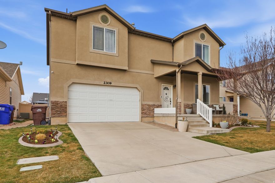 Beautifully maintained 2-story home in Eagle Mountain. Step into a cozy entryway with an open floor plan. A large family room leads to the dining room and spacious kitchen. The main floor also features a half bathroom and sliding glass door for easy access to the backyard patio. New carpet and paint throughout the home. Upstairs has 3 bedrooms and 2 full bathrooms. The primary bedroom boasts a large walk-in closet, sitting area, beautiful windows and an en suite. The basement has 2 bedrooms and 1 full bathroom along with an media room space. The newly landscaped yard is stunning with flowers, mature trees and flat terrain. The backyard features a shaded sandbox, trampoline and swing set. Bonus feature - fully fenced with a gate that opens to one of the community's play grounds. This property shows well - clean and organized. All the interior vents were professionally cleaned. Schedule your private showing today!    Square footage figures are provided as a courtesy estimate only and were obtained from county records.  Buyer is advised to obtain an independent measurement.