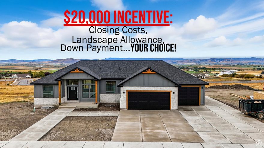 "Motivated Seller!  20K buyer credit at closing, buyer may choose how to apply, whether it be a rate buy down, closing costs, or landscaping allowance." .69 Acres of Space, Views, and Possibility.  Why settle for less when you can have room to breathe? This new 6-bedroom, 3.5-bath home sits on a .69-acre lot-large enough for a pool, sports court, oversized shed, or the ultimate backyard retreat. However you imagine it, there's space here to make it happen. ***The home itself delivers on design and detail, with 11' ceilings on the main level, 10' ceilings in the walkout basement, and a spacious garage with matching height. Oversized windows frame sweeping, unobstructed views from Sardine Canyon into Idaho, flooding the interior with natural light. ***The main garage features an 18' wide door-big-truck friendly and easy to maneuver-while a second bay stretches 34' deep with a 9' tall door, perfect for a boat or additional toys. Add in the 34' x 12' RV pad, and there's no compromise on parking, storage, or adventure gear. Construction is underway now, with time for buyers to customize finishes before the anticipated November 1 completion. ***Square footage figures are provided as a courtesy estimate only, obtained from plans and developer records. Buyer is advised to obtain an independent measurement.