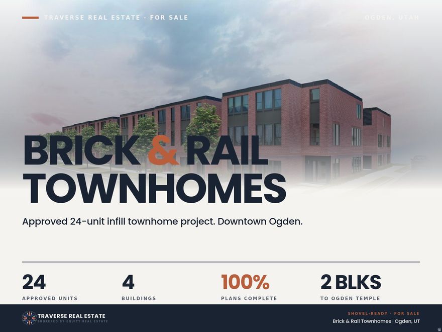Approved 24-unit townhome project in downtown Ogden, two blocks from the Ogden Temple. This is a sale of the entitled land and full project package, ready for a builder to break ground. Site plan and permits approved. Civil, architectural, and structural engineering complete. Unit mix: two 2BR/2.5BA (1,905 SF, 2-car), eight 2BR + flex/2.5BA (1,584 SF, 1-car), fourteen 3BR/3BA (1,876 SF, 2-car). Four buildings around a central drive with on-site clubhouse, fire pit, and grill area. Infill location with existing utilities, walkable to Farr Better Ice Cream, OGX bus rapid transit, and downtown Ogden amenities. Plan set and deal package available upon request. Contact agents listed below.