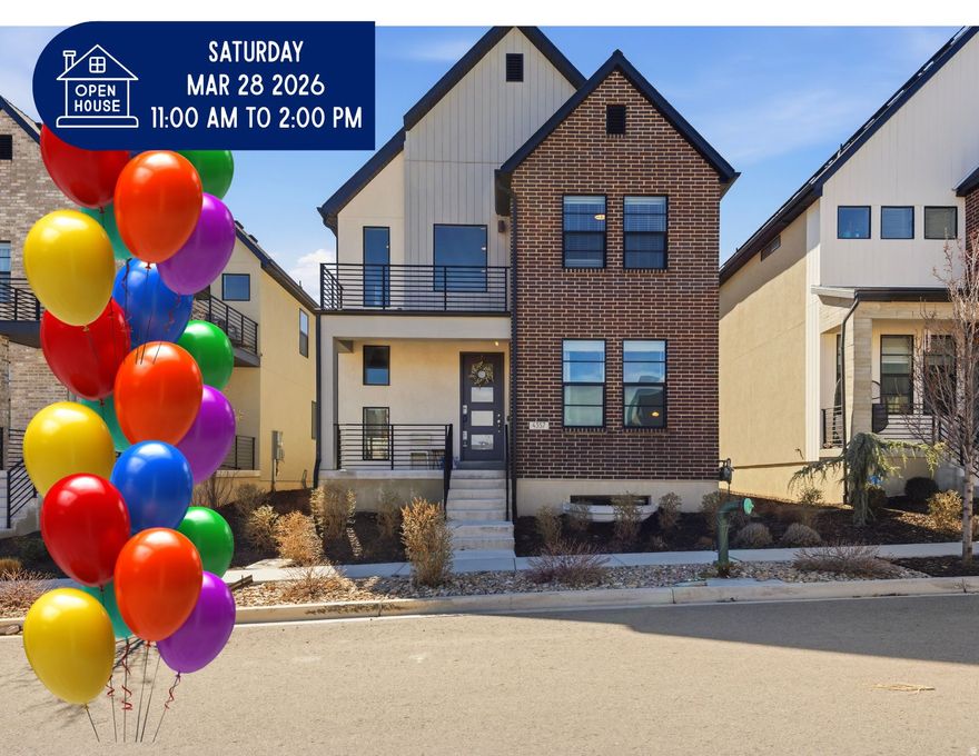 Located in the highly desirable Holbrook Farms community in Lehi, this beautifully maintained single-family home offers the perfect blend of modern, Scandinavian, and traditional design with exceptionally low-maintenance living. The open floor plan features 9-foot ceilings on the main level, a welcoming formal living room, and bright, connected gathering spaces ideal for everyday living and entertaining. The classic white kitchen is both stylish and functional, showcasing quartz countertops, stainless steel appliances, an efficient corner pantry, and a large center island perfect for hosting family and friends. The kitchen flows seamlessly into the dining area and spacious great room, creating a natural hub for gathering. Stylish black metal railings accent the staircase leading upstairs, where you'll find three bedrooms, including a romantic primary retreat with soaring vaulted ceilings and a private outdoor balcony. The spa-inspired primary bath offers a dual vanity, separate tub and shower, and a generous walk-in closet. For added convenience, the laundry room is also located upstairs near the bedrooms. The finished lower level provides a gigantic additional family room and bathroom, with space that could easily accommodate a fourth bedroom if desired. A convenient drop zone just inside the garage provides the perfect place for shoes, coats, and daily essentials. The home is nestled within the 680-acre Holbrook Farms master-planned community featuring a spectacular 33-acre park with a playground, outdoor ping-pong, picnic pavilions, cornhole, off-road cycling trails, sledding hills, multiple pickleball courts, and scenic walking paths. In addition to the main park, a clubhouse, swimming pool, and additional playground are located directly across the street from the home. Perfectly positioned for convenience, this property offers quick access to Thanksgiving Point, Traverse Mountain Outlets, and the Silicon Slopes tech hub. Style, comfort, and thoughtful design come together in this exceptional home, lovingly maintained by the original owners.