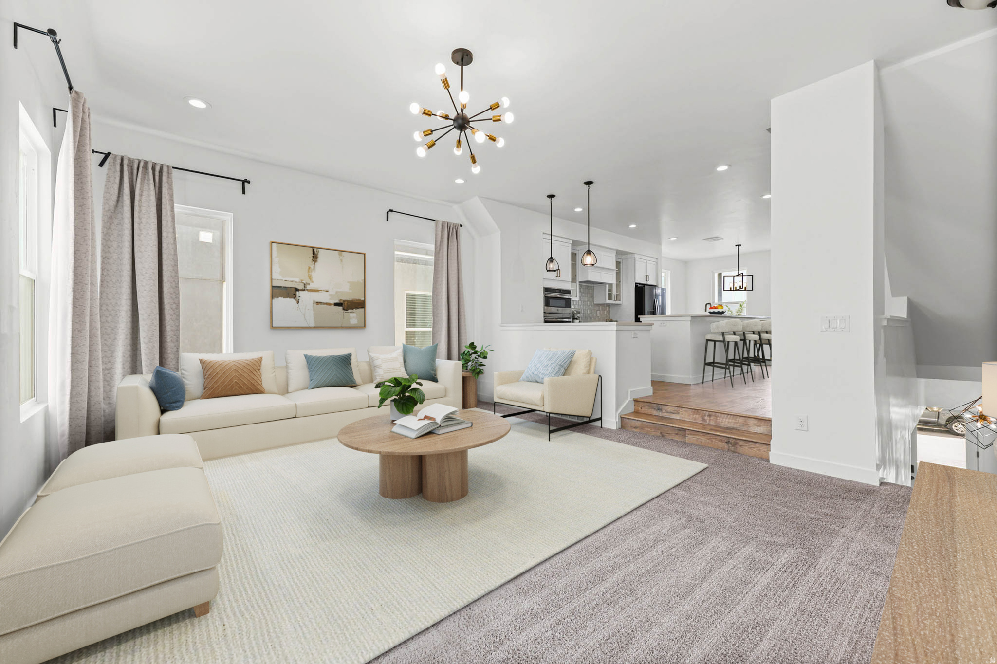 Living area featuring an eye-catching sputnik chandelier, recessed lighting, and multiple windows with drapery rods - Virtual Staging