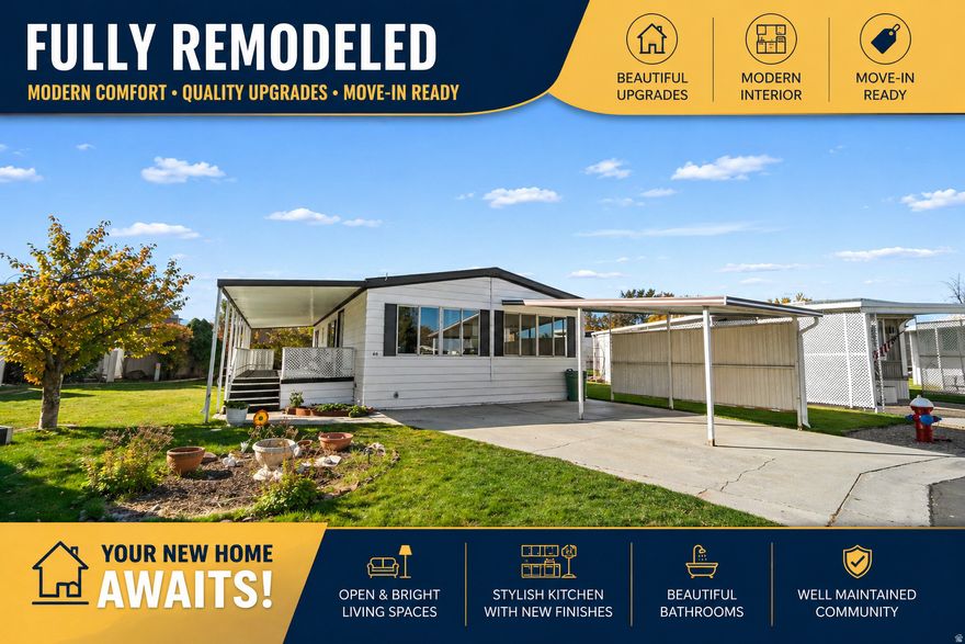 3 bed, 2 bath home (~1,400 sq ft) built in 1980 in Monte Vista MHP. Fully remodeled with a functional open layout, spacious living area, and private primary suite. Move-in ready with great natural light and storage. Close to shopping, dining, and major roads. Buyer must be park approved; lot rent  $775/mo. Financing options available based on approval.