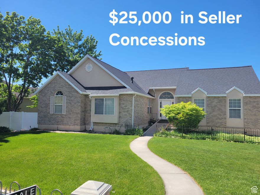 $25,000 in Seller Concessions!!! Price Reduced!  Now Just $625,000. Located on a .35-acre lot with views of the mountains and valley, this 5-bedroom, 3-full bath rambler is just what you've been looking for.  You'll enjoy sitting on you back covered deck and relaxing while enjoying the views.  The main floor features a formal living room, semi-formal dining room, family room with vaulted ceilings and gas-log fireplace, 3 bedrooms and 2 full bathrooms which includes the Owner's suite, full kitchen and kitchen dining area as well.  Downstairs can be accessed through the main level of the home by staircase or through the garage and back sliding glass door that leads to the Back deck and back yard.  Downstairs you will find 2 more bedrooms and the 3rd full bathroom, another family room and game room area.  The 2-car garage accesses the downstairs, and you can access the backyard from here as well.  There is a shed for additional storage in the backyard and the yard is fully landscaped including a terraced garden, 5 fruit trees (Peach, Cherry, Plum and 2 Apple).  UPGRADES to the home include a new roof in 2017, New HVAC in 2018, New fencing in 2016 and additional insulation in the attic.  Square footage figures are provided as a courtesy estimate only and were obtained from Utah County Records.  Buyer is advised to obtain an independent measurement. Information presented is deemed reliable but not guaranteed. Buyer is advised to check and verify all information to their satisfaction.