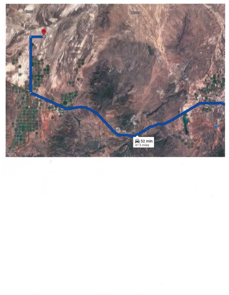 52 min (47.5 miles) via UT-56 W Fastest route, the usual traffic Cedar City Utah Head east toward N Main St 43 ft Turn left onto N Main St 0.2 mi Turn left onto UT-56 W/W 200 N  Continue to follow UT-56 W  Pass by Taco Bell (on the left in 0.6 mi)  36.3 mi Turn right onto N Beryl Hwy  8.9 mi Turn right onto E 7200 N  2.1 mi 37.8395009, -113.6177341 Directions. Great opportunity to purchase a good investment property in Utah. 37.38 Ac.