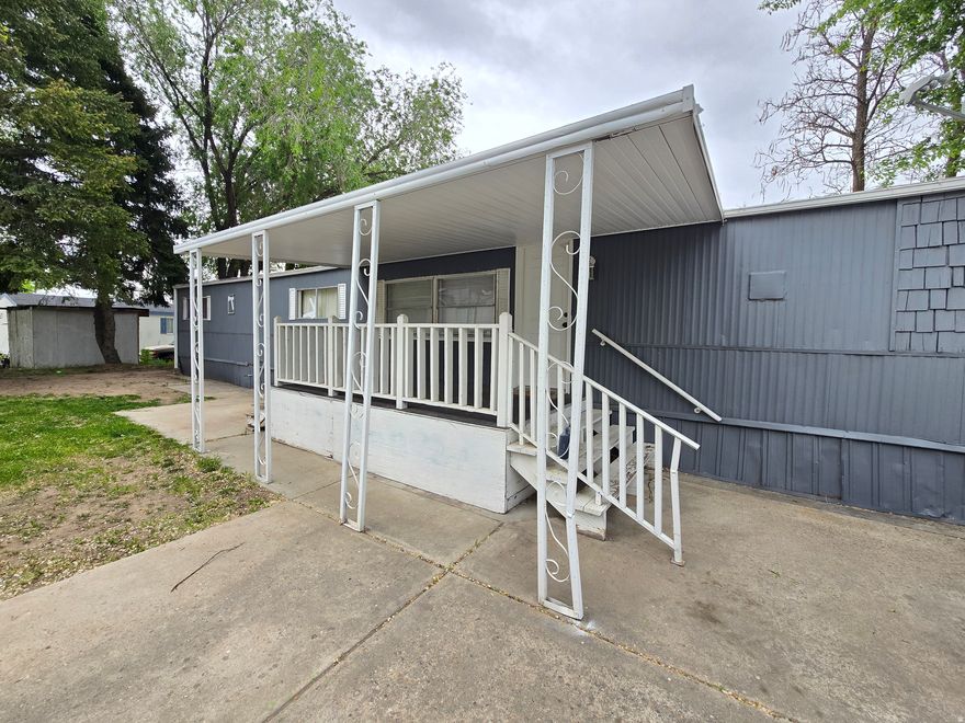 Cute, affordable home with many recent updates.  New central air 2023, newer appliances, gas stove, large bathroom, covered patio, storage shed, and more!   Square footage figures are provided as a courtesy estimate only and were obtained from title .  Buyer is advised to obtain an independent measurement.
