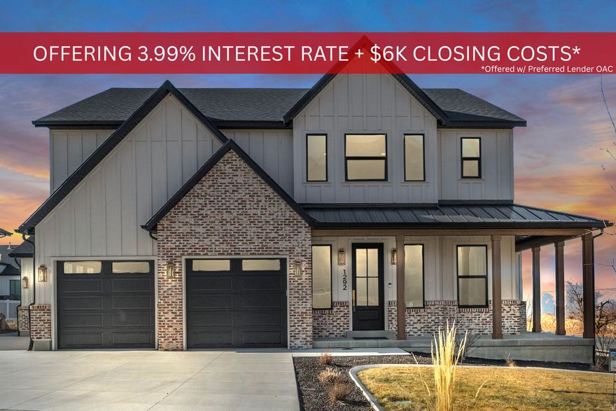 **Offering a 4.75% starting interest rate via a seller-paid 2/1 buy down and closing costs paid up to $6k.  **Buyer must qualify through Seller's Preferred Lender to obtain rate buydown.  Nestled on a scenic corner lot in Salem, Utah, this stunning farmhouse-style home offers the perfect blend of rustic charm coupled with modern touches, all framed by breathtaking views of the mountains and Utah Lake from the expansive back porch. Featuring 7 spacious bedrooms, big bathrooms, and thoughtfully designed living areas, this home is ideal for gatherings and entertaining. The interior boasts beautiful wood beams, elegant lighting, and custom tile work that add warmth and sophistication throughout. With 3 porches featuring overhangs, a 3-car garage, and abundant storage space, there's room for everything you need. The downstairs snack bar and theater room make for the ultimate gathering spaces, while the open layout ensures a comfortable flow between rooms. Whether you're relaxing on the porch or enjoying cozy nights indoors, this home is designed to fit every stage of life. Don't miss the chance to experience farmhouse elegance and unparalleled views in one of Salem's most desirable locations. This house is equipped with GE Cafe appliances as well as many other designer brands such as Ralph Lauren lighting throughout the house.