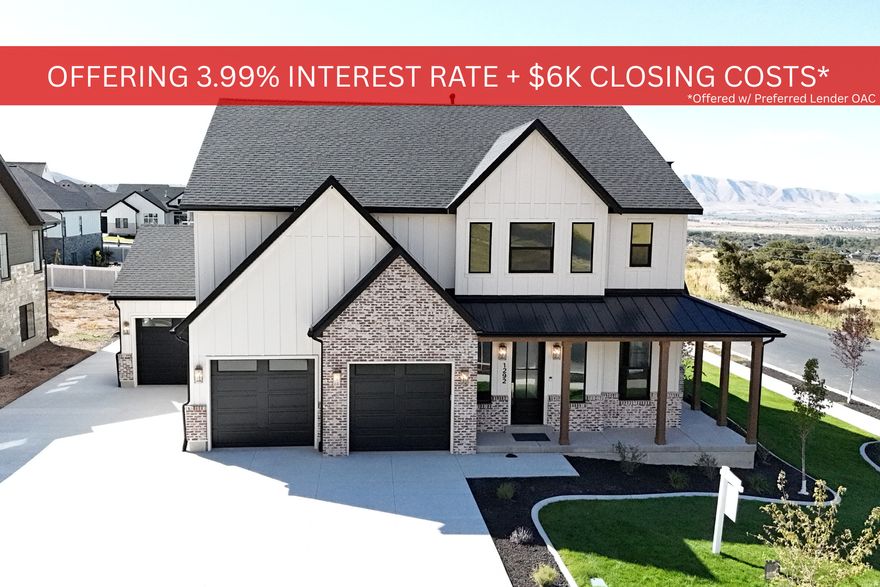 **Offering a 4.75% starting interest rate via a seller-paid 2/1 buy down and closing costs paid up to $6k.  **Buyer must qualify through Seller's Preferred Lender to obtain rate buydown.  Nestled on a scenic corner lot in Salem, Utah, this stunning farmhouse-style home offers the perfect blend of rustic charm coupled with modern touches, all framed by breathtaking views of the mountains and Utah Lake from the expansive back porch. Featuring 7 spacious bedrooms, big bathrooms, and thoughtfully designed living areas, this home is ideal for gatherings and entertaining. The interior boasts beautiful wood beams, elegant lighting, and custom tile work that add warmth and sophistication throughout. With 3 porches featuring overhangs, a 3-car garage, and abundant storage space, there's room for everything you need. The downstairs snack bar and theater room make for the ultimate gathering spaces, while the open layout ensures a comfortable flow between rooms. Whether you're relaxing on the porch or enjoying cozy nights indoors, this home is designed to fit every stage of life. Don't miss the chance to experience farmhouse elegance and unparalleled views in one of Salem's most desirable locations. This house is equipped with GE Cafe appliances as well as many other designer brands such as Ralph Lauren lighting throughout the house.