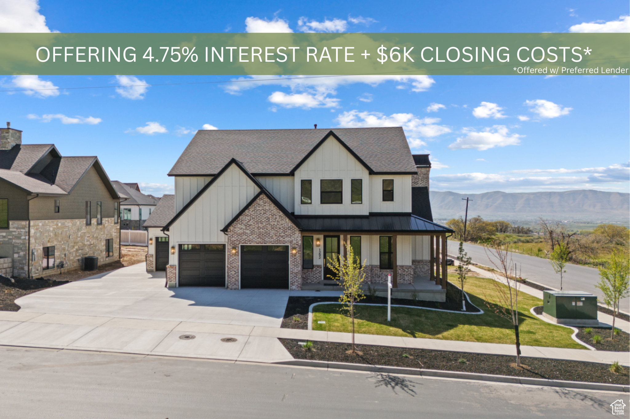 **Offering a 4.75% starting interest rate via a seller-paid 2/1 buy down and closing costs paid up to $6k. **Buyer must qualify through Seller's Preferred Lender to obtain rate buydown. Nestled on a scenic corner lot in Salem, Utah, this stunning farmhouse-style home offers the perfect blend of rustic charm coupled with modern touches, all framed by breathtaking views of the mountains and Utah Lake from the expansive back porch. Featuring 7 spacious bedrooms, big bathrooms, and thoughtfully designed living areas, this home is ideal for gatherings and entertaining. The interior boasts beautiful wood beams, elegant lighting, and custom tile work that add warmth and sophistication throughout. With 3 porches featuring overhangs, a 3-car garage, and abundant storage space, there's room for everything you need. The downstairs snack bar and theater room make for the ultimate gathering spaces, while the open layout ensures a comfortable flow between rooms. Whether you're relaxing on the porch or enjoying cozy nights indoors, this home is designed to fit every stage of life. Don't miss the chance to experience farmhouse elegance and unparalleled views in one of Salem's most desirable locations. This house is equipped with GE Cafe appliances as well as many other designer brands such as Ralph Lauren lighting throughout the house.