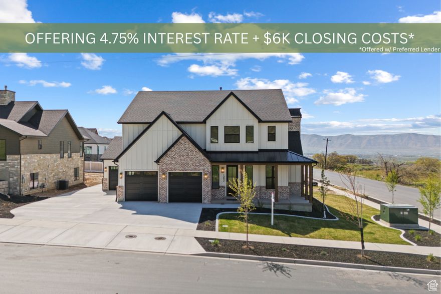 **Offering a 4.75% starting interest rate via a seller-paid 2/1 buy down and closing costs paid up to $6k.  **Buyer must qualify through Seller's Preferred Lender to obtain rate buydown.  Nestled on a scenic corner lot in Salem, Utah, this stunning farmhouse-style home offers the perfect blend of rustic charm coupled with modern touches, all framed by breathtaking views of the mountains and Utah Lake from the expansive back porch. Featuring 7 spacious bedrooms, big bathrooms, and thoughtfully designed living areas, this home is ideal for gatherings and entertaining. The interior boasts beautiful wood beams, elegant lighting, and custom tile work that add warmth and sophistication throughout. With 3 porches featuring overhangs, a 3-car garage, and abundant storage space, there's room for everything you need. The downstairs snack bar and theater room make for the ultimate gathering spaces, while the open layout ensures a comfortable flow between rooms. Whether you're relaxing on the porch or enjoying cozy nights indoors, this home is designed to fit every stage of life. Don't miss the chance to experience farmhouse elegance and unparalleled views in one of Salem's most desirable locations. This house is equipped with GE Cafe appliances as well as many other designer brands such as Ralph Lauren lighting throughout the house.