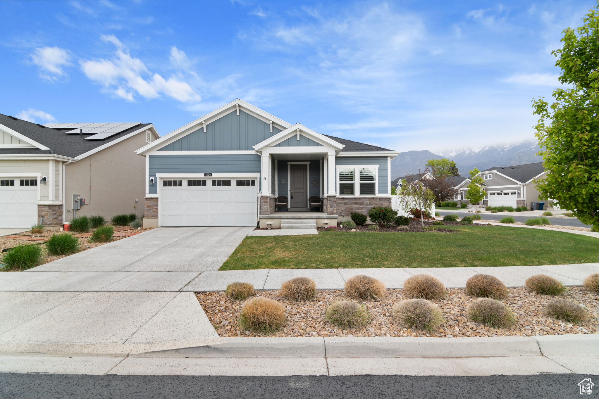 This home is an exceptional find in Lindon, UT because of its style, neighborhood and easy access to business, commercial and retail hubs. Located within the Anderson Farms development by Ivory Homes, it offers great value and livability. Situated on a fenced corner lot with extra room, this well-designed floor plan offers the benefits of single-level living, as well as a spacious basement level bonus room. The open concept plan features a large great room, kitchen and dining area. There are many upgrades throughout including quartz countertops and shower enclosure, LVP flooring and ceiling fans. The remaining unfinished basement can be easily expanded into an additional three bedrooms, full bathroom, sitting area - and still retain ample storage space. The HOA includes all yard maintenance, as well as snow removal in winter. Talk about easy living this is it! Square footage figures are provided as a courtesy estimate only. Buyer is advised to obtain an independent measurement.