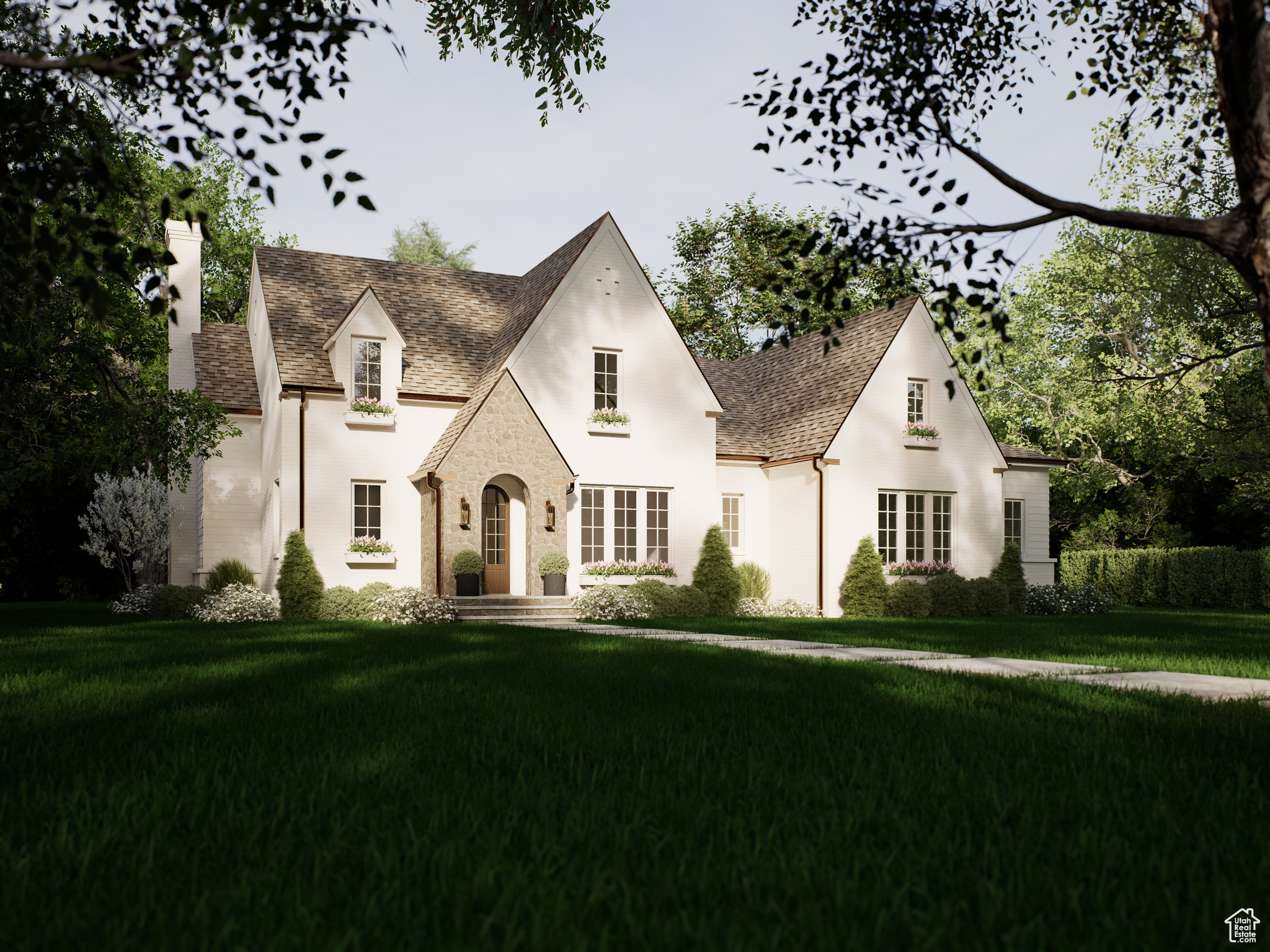 Summit Home Collective brings this new (to be built) home offering detailed custom design and high-end finishes. This stunning plan showcases timeless European-inspired architecture. Thoughtfully designed at 3,543 sq ft this home features an open-concept main level with soaring 15-foot vaulted ceilings, exposed decorative beams, and a gourmet kitchen flowing seamlessly into the dining and living areas. The luxurious master suite is conveniently located on the main floor with spa-like ensuite and walk-in closet, plus a dedicated office, mudroom, and laundry room. The second floor offers two additional bedrooms, full bathroom, and bonus space for future expansion. Architectural details include multiple gabled rooflines, arched entry elements, and a welcoming covered front porch. This custom build opportunity allows buyers to select premium finishes and personalize details with Summit Home Collective's commitment to quality craftsmanship and comprehensive architectural plans for a seamless building process.