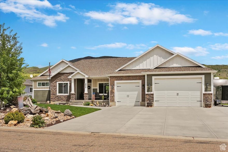 Welcome to this stunning home nestled in the beautiful Preserve at Sheep Creek subdivision. Pride of ownership shows inside and outside of this home! Main floor boasts 9 ft ceilings, a spacious living room anchored by a gorgeous rock gas fireplace, open-concept kitchen has granite countertops, large island, stylish backsplash, and a walk-in pantry, conveniently located half bath and large laundry just off of the kitchen, retreat to the luxurious master suite with his/hers walk-in closets, double vanity, relaxing soaker tub, and walk-in shower, fully finished basement offers even more living space, abundant storage throughout entire home, huge 4-car garage featured insulated walls and doors, extra length providing enough room for a 4th vehicle and built-in cabinets and workbench that are included. Once outside, you are surrounded by breathtaking mountain views, and a beautifully landscaped yard, it will be your very own private oasis! Sq footage and property facts are provided as a courtesy; Buyer to verify all information.