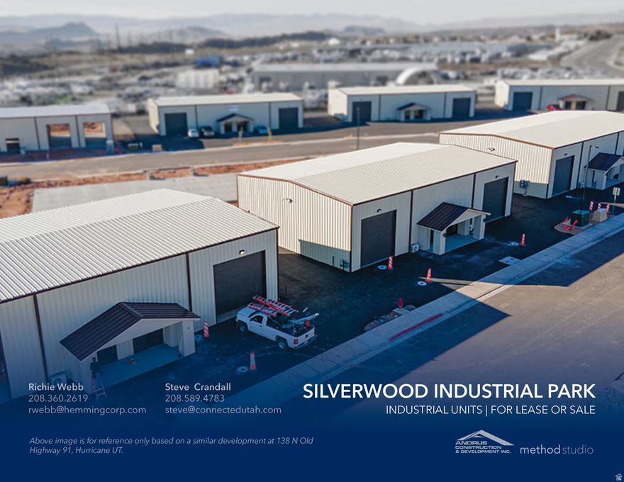 Unit #2 is now available (to be built)! Silverwood Industrial Park offers 20 brand-new industrial units for lease or sale along Old Highway 91 in the Hurricane industrial corridor - one of the most active distribution and logistics zones in Southern Utah. Units are available in 5,000 SF and 10,000 SF configurations on lots ranging from 0.37 to 0.62+ acres, with M-1 zoning suited to a wide range of industrial users. Select units enjoy prime I-15 frontage - offering exceptional visibility and a built-in advertising advantage for your business. Every unit is fully climate-controlled throughout and includes a mezzanine level ideal for additional storage or conversion into a second office or conference space. Buyers also have the option to add a loading dock at an additional cost. Each unit features 1-3 phase power, two bathrooms, a 24'  12' private office, insulated overhead doors, and a fully landscaped and fenced yard - with no CAM fees. Under construction in 2026 with immediate I-15 and SR-9 access. Neighboring tenants include Walmart Distribution, FedEx Ground, and Orgill. These units are first-come, first-served - don't wait.