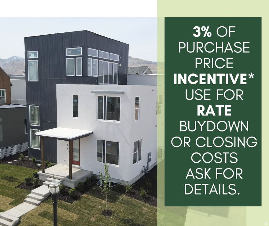 Move-In Ready! Fenced backyard & grand living room vault with skyroom and skydeck! 3% of Purchase Price Preferred Lender Incentive = RATE BUYDOWN Ask for details* Incredible Brand-New Innovator Sky just completed! This showstopper home boasts a Sky Room on the 3rd level with gorgeous views and a hot-tub ready Sky Deck perfect for entertaining. Upgrades throughout such as quartz countertops, gas range, upgraded cabinetry, hard surface flooring, modern railing, gas fireplace and more. The open floor plan features a generous great room that flows seamlessly into the dining area and kitchen, and a main level office. Fenced backyard and room to grow in the basement! Located in the desirable Watermark Village in Daybreak! Photos are of actual home.