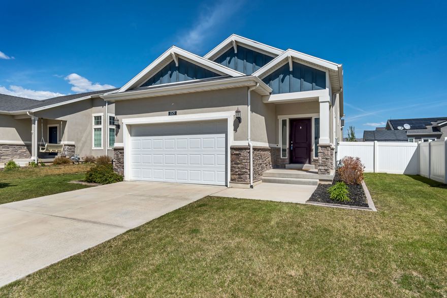 Move-In Ready home in the lovely Ivory Homes Overland neighborhood with finished daylight basement; all stainless appliances including refrigerator, built-in microwave, gas range, dishwasher; white cabinetry & oil rubbed bronze hardware & fixtures; lots of LED can lighting; waterproof laminate flooring family/dining/kitchen floors as well as marble look LVP bathroom floors; ethernet wired to all rooms; huge walk-in closet; custom shelving & woodwork; high efficiency furnace/AC/water heater; 10ft and vaulted ceilings on main level and 9ft ceilings basement; hanging storage shelving in garage; owned 9-panel/1.8kw solar system w/bird guard mesh results in $20-$40 monthly electric bills ($30/avg); composite no maintenance decking; fully fenced backyard with french drain, garden planters along back fence and an 8x8 shed included; refrigerator, washer, dryer and trampoline can all be included with a great offer! This home is on the same street as the community pool, playground, clubhouse/barn and is just 7-8 homes away making it a quick and easy walk! Community also has a bike pump track, pickleball courts and more! One of the best values in Eagle Mtn, come see it and fall in love!