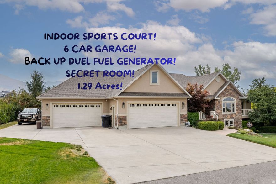 AMAZING home on Hyde Park bench WITH INDOOR SPORTS COURT! 1.29 acre lot. Huge 6 car garage. Beautiful home inside and out.  Owned solar panels with unique agreement to reduce electricity costs. Walk out basement. Gorgeous views. Walking or riding up to the mountains about a 1/4 mile away from home. Don't tell anyone, but there may also be a secret room! Duel fuel generator attached to home. Take advantage of what this home has to offer! Square footage figures are provided as a courtesy estimate only. Buyer is advised to obtain an independent measurement. Buyer and buyer agent to verify all info.