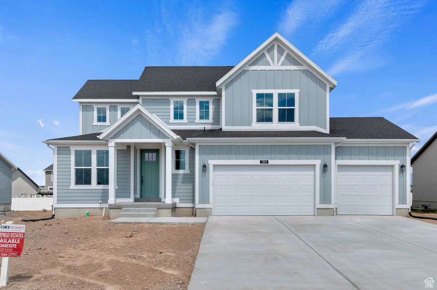 Step into timeless charm and modern convenience in this thoughtfully designed 2200 Farmhouse home. This home features laminate hardwood, tile, and carpet flooring, enhanced by can lighting throughout. The inviting living room includes a glass door, opening to outdoor spaces and filling the room with natural light. The grand owner's bathroom offers quartz surrounds, a Euro glass shower, and upscale black matte hardware. Practical upgrades include a 3-car garage with keypad and exit door, tankless water heater, Christmas light outlets, and wood railing at the stairway. Gather around the gas log fireplace and appreciate the architectural details like 2 tone paint and large Craftsman base & casing. The kitchen boasts gray laminate cabinets, sleek quartz countertops, tile backsplash and stainless steel gas appliances that and flows into a cozy dining nook.  All located in a great community near parks, golf and shopping!