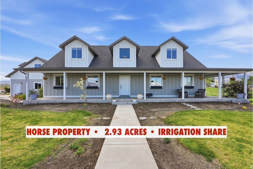 SELLER IS OFFERING $8,000 toward CLOSING COSTS when you use our preferred lender ...***...      LUXURY HORSE PROPERTY on nearly 3 ACRES, OVERSIZED GARAGE, IRRIGATION SHARE, magnificent MOUNTAIN VIEWS, and NO HOA!!!     This is COUNTRY LIVING AT ITS BEST!!!      Imagine waking up to PEACE, QUIET, and WIDE-OPEN SPACE, where you have the PRIVACY to truly relax, unwind, and live life on your own terms.    The OVERSIZED GARAGE could fit multiple cars in tandem, and still have additional space for tools, equipment, or recreational storage!    Plus RV PARKING, giving you plenty of room for all your cars, trailers, and toys.    The home was built with high-quality materials and custom-designed with SOARING CEILINGS, HARDWOOD FLOORS, GRANITE COUNTERTOPS, and much more!!    It's also a MAIN-LEVEL LIVING home with 4 Bedrooms and a LAUNDRY ROOM conveniently located on the main floor, while 2 additional Bedrooms can be found on the second floor.    The beautiful PRIMARY BEDROOM is spacious and includes a spa-like ENSUITE BATHROOM and DUAL WALK-IN CLOSETS.    The GREAT ROOM was beautifully designed with an OPEN LAYOUT and OVERSIZED WINDOWS, brightening the space with natural light and creating an inviting area, perfect for gathering or hosting guests!    There is plenty of room for relaxing and gathering, plus ROOM FOR FUTURE EXPANSION with the unfinished basement, ready to become whatever your vision brings to life.    The WRAP-AROUND PORCH, with stunning MOUNTAIN VIEWS, will quickly become your favorite place, whether it's a quiet morning or a cozy evening watching the sunset.    Sitting on nearly 3-ACRE with ONE IRRIGATION SHARE, this home is perfect for GARDENING, LIVESTOCK, and creating the lifestyle you've been dreaming about.    LOCATION is unbeatable! Enjoy the BEST OF BOTH WORLDS with peaceful, rural living while being just 5 minutes from Schools, Restaurants, and Grocery Shopping, and about 30 minutes to Salt Lake City.    This is more than just a home, it's a LIFESTYLE you've been waiting for - Come see it today!     Information and measurements are provided as a courtesy. Buyer is advised to obtain their own measurements and verify all information.