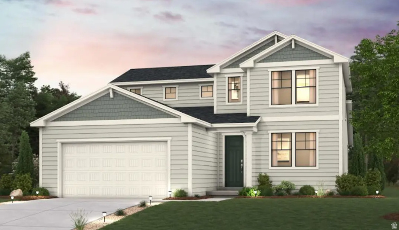 Contemporary two-story exterior featuring light gray horizontal siding and dark gray shake siding accents