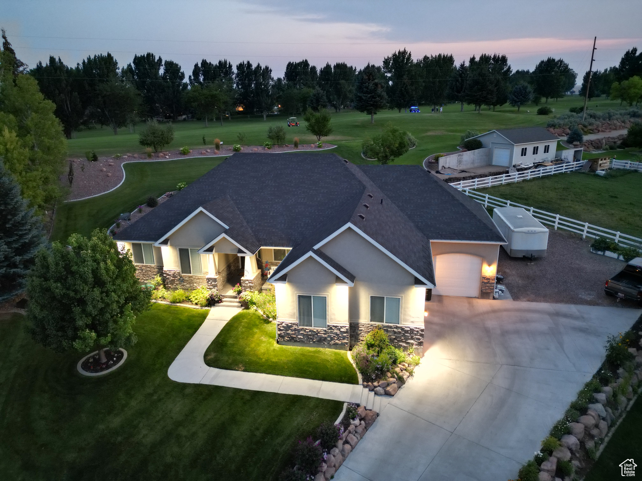 Welcome to your dream home, nestled in a serene golf course community. Located at the end of a cul de sac with no HOA! This stunning 4,608 square foot residence offers a perfect blend of luxury, comfort, and outdoor leisure. With 5 spacious bedrooms and 3.5 bathrooms, this property is ideal for families and entertaining guests alike. Permanent LED holiday lighting, hot tub, built in swing set, semi sunken trampoline, fruit trees, established raspberry & strawberry plants. Beautifully landscaped yard. Square footage figures are provided as a courtesy estimate only and were obtained from County records. Buyer is advised to obtain an independent measurement.