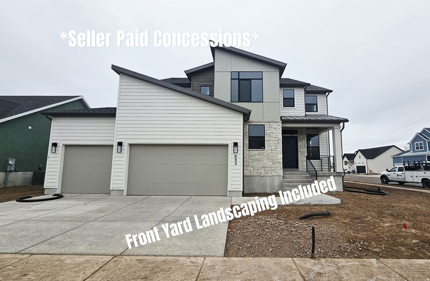 The Views of Ben Lomond from this new home are incredible! No backyard neighbors.  This well thought out 2 story includes 9 main floor ceilings, a front room/office and a beautiful custom kitchen. Upstairs you'll find a 2nd large family room, 3 of the 4 upstairs bedroom have a walk in closet and the primary suite has vaulted ceilings. Rounding off some of the upgrades are a gas fireplace, 4 car garage, and covered patio. But wait there's more - front yard landscaping and fencing is included in the purchase and over $16,000 in available incentives when using a preferred lender along with a no cost refinance for 3 years. *Exterior photos are a similar home with same colors*