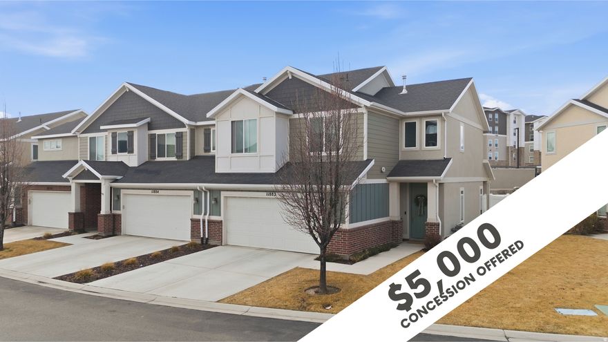 $5,000 Seller Credit Offered  Well positioned 3 bedroom 2.5 bathroom townhome in Herriman with added privacy and a private fenced backyard. Located on a curve with only one shared wall, this home is an end unit with more openness than most in the community.  The open kitchen features quartz countertops, ample cabinetry, and flows directly into the dining and living areas. Out back, enjoy a private fenced yard with a covered patio and gas stub for BBQ, ready for outdoor entertaining.  Upstairs, the owner's suite includes a large bathroom and a spacious closet. Two additional bedrooms, a full bath, and walk in laundry room, and a loft area complete the upper level.  Conveniently located near shopping, dining, trails, and the Bees Stadium. Seller offering $5,000 credit toward buyer closing costs or rate buydown.