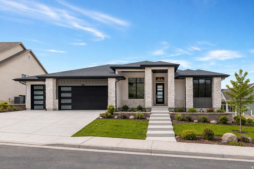 LOT#107. Come see the difference from Symphony Homes, a renowned local builder of semi custom homes! New luxury neighborhood of Blossom Hill, perfectly located on the east bench in Pleasant Grove. Great looking rambler, the Tempo plan with a modern "prairie" exterior. Many upgrades throughout and classy interior design and finishes! Decorative wall in flex room off of entry, LVP floors and stunning wood beam raised ceiling in the family room with a full wall of windows. Galley kitchen with oversized island bar, butler's pantry, and dining nook. Owner's suite has a recessed ceiling with wood beams, free standing tub, oversized shower with Euro glass and the walk-in closet is finished with custom built-ins. 2nd bedroom on main level has its own en-suite bathroom! Dedicated laundry room with a countertop. You'll love entertaining in the finished basement with family room/game room and attractive wet bar, along with cold storage and a finished storage closet. 21'-2" X 18' L-Shaped covered patio, and lots of storage space throughout. Equipped with active radon system. Full yard landscaping is included in price and is currently in progress. Don't miss this one!