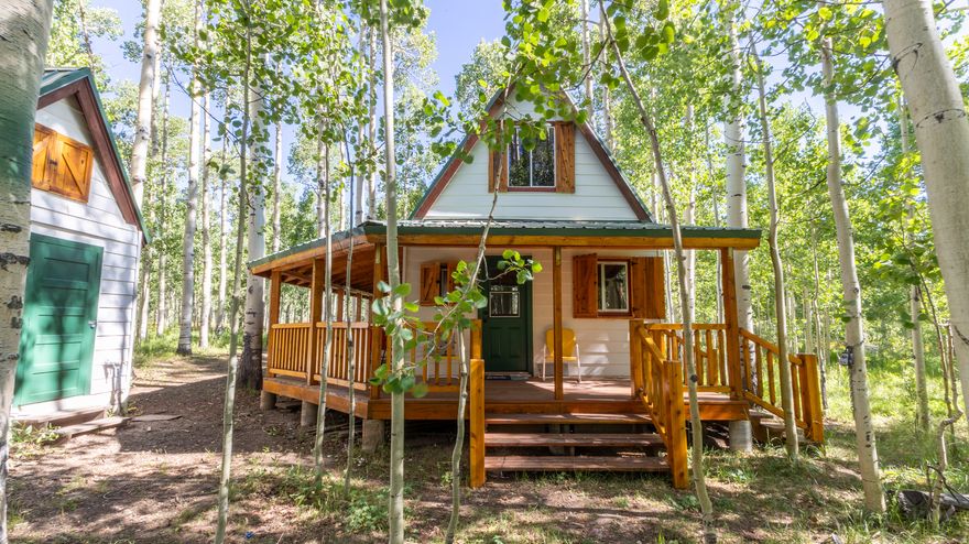 Charming mountain cabin nestled in the aspens! This cozy retreat offers rustic charm, privacy, and a peaceful wooded setting. Enjoy the inviting wraparound porch, warm wood finishes, loft-style sleeping area, vaulted living space, fireplace, functional kitchen, dining area, and bathroom. A detached outbuilding provides added storage or utility space. Surrounded by mature aspen trees, this property is ideal as a seasonal getaway, vacation cabin, hunting retreat, or quiet escape to enjoy the mountains and outdoors. A rare opportunity to own a secluded cabin in a beautiful natural setting.