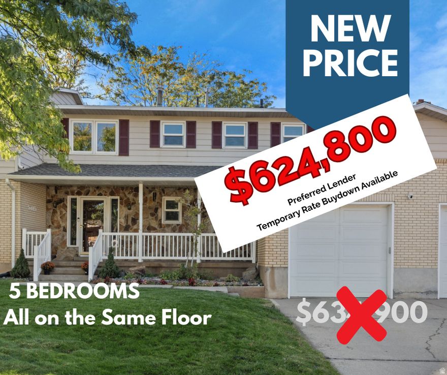 Preferred Lender TEMPORARY RATE BUYDOWN available!! Beautifully maintained home with a perfect blend of comfort and convenience! The foyer welcomes you with the "girl's dream" prom stairs, creating a stunning first impression. Enjoy an updated kitchen, new flooring, spacious rooms, and excellent storage throughout. All five bedrooms are located on the same floor, including a primary suite with a cozy gas-stubbed fireplace and ample space to unwind. A bonus room provides flexibility for a sixth bedroom, office, or playroom-there's room for everyone! Two family rooms offer great gathering spaces-one with a finished fireplace and another stubbed for gas in the unfinished portion of the basement, ideal for a future theater or family room. Relax in the bright sunroom or take in the mountain views from your front porch. The private backyard provides a peaceful retreat, and the garage offers extra space between vehicles. Conveniently located near Snowbasin, Pineview Reservoir, Weber State, shopping, dining, and Hill AFB.