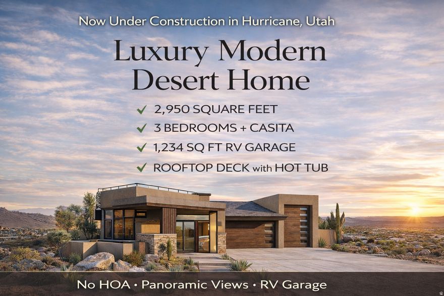 Now under construction in Hurricane, Utah, this luxury modern home offers 2,950 square feet of thoughtfully designed desert living with panoramic views and no HOA restrictions. Designed for both privacy and functionality, each bedroom features its own en-suite bathroom, creating a true multi-generational layout ideal for guests, extended family, or executive-level comfort. The private attached casita includes a separate entrance and full bath, offering flexibility for visitors, a home office, or income potential.  The chef's kitchen is designed for entertaining and everyday living, complemented by a large butler's pantry that provides additional prep space, storage, and seamless flow for hosting. Expansive windows in the great room and outdoor living area capture natural light and frame the surrounding Southern Utah landscape, blending indoor-outdoor living with modern architectural design.  The oversized 1,234 square foot RV garage accommodates recreational vehicles, boats, or toy storage with ease - a rare find in today's market, especially with no HOA limitations. The rooftop patio is engineered to support a hot tub and offers elevated sunset views, while the spacious lot provides room for a future pool. Buyers still have time to select finishes and personalize this new construction home, combining custom-home flexibility with the efficiency of a professionally managed build in one of Southern Utah's most desirable communities.
