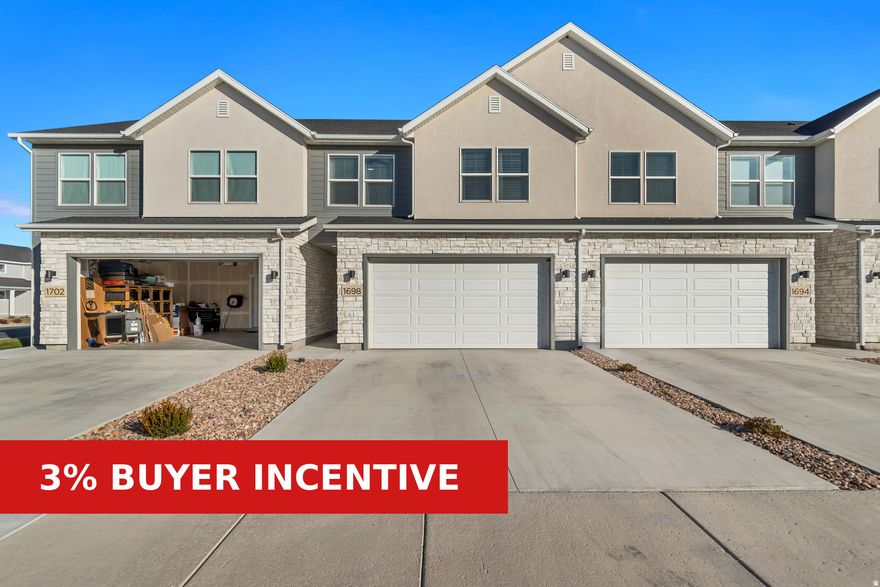 *** 3% buyer closing costs included! So clean and nice inside and out!  Great location, beautiful new area with convenient access to freeway, shopping & recreation.  You will love the layout, 9 foot ceiling on main. 2 car garage on main with the kitchen, dining, family room and half bath.  Quartz countertops, stainless steel appliances, LVP flooring, Back yard patio and yard space is amazing.  Laundry room up by bedrooms. Owner suite is spacious with quartz and double sinks, bedroom and walk in closet. Loft and 2nd and 3rd bedrooms with 2nd full bath.  220 outlet in garage is ideal for electric car charging or shop tools. Garage shelves included. Ring door bell and Blink outside cameras are included. High efficiency furnace. Pool, and playground in neighborhood. Low HOA fees, only 136 a month.  4 parking spots plus additional guest parking nearby. Great opportunity, come see it today!