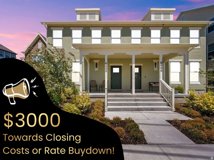 SELLER OFFERING $3000 TOWARDS BUY-DOWN/CLOSING COSTS! Welcome to your dream home in the heart of Daybreak! This beautifully designed 2023-built townhome offers the perfect blend of modern finishes, low-maintenace living, and unbeatable views. Featuring an open-concept layout, this home is filled with natural light and showcases quartz countertops, sleek flooring, and designer touches throughout.   You won't want to miss this opportunity! HOA includes internet, maintenance, and fantastic Daybreak amenities. Buyer to verify all information including sq ft and HOA details.