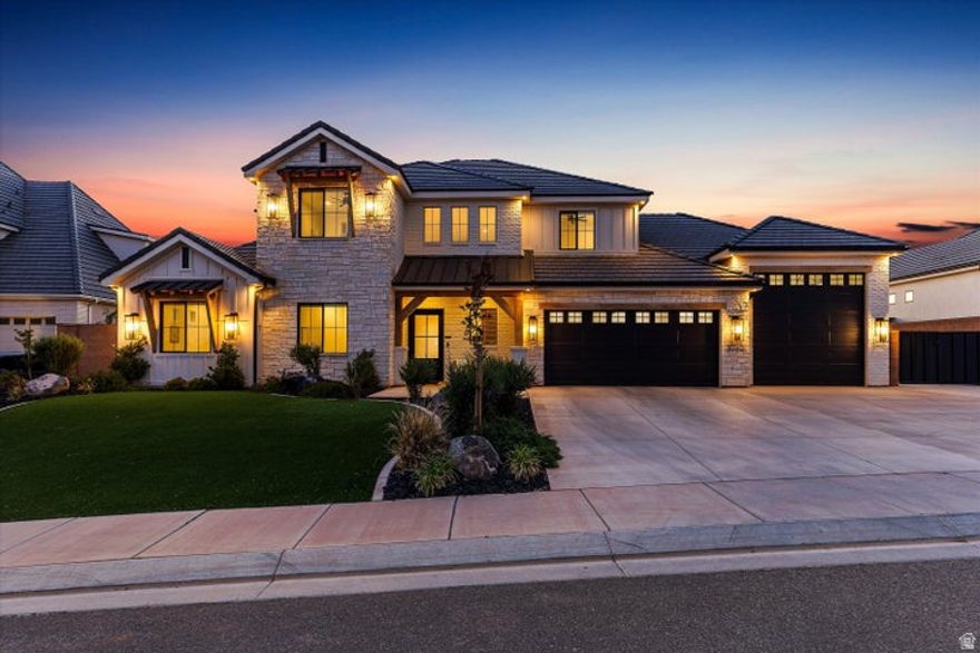 The Little Valley Oasis. Perched high above the city w/ breathtaking mountain and valley views, this 2023 luxury estate is the ultimate Southern Utah retreat. Featuring 3,690 sqft, 5 bed, 4.5 bath, office, upstairs family room w/ kitchenette, and attached 1,158 sqft RV Garage w/ 12' Door + 2-car garage. Open-concept design w/ natural light, gas fireplace, quartz countertops, ceiling-height soft-close custom cabinetry, Frigidaire Professional appliances, oversized walk-in pantry, tankless water heater, water softener, EV charger. Main-level suite offers spa-style bath w/ soaker tub, walk-in shower, dual vanities, and large closet. Resort oasis backyard includes pool/spa with waterfall/fire feature, lit pickleball court, trampoline, covered patio, turf, fruit trees, and fully fenced. No HOA.