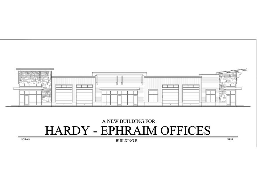 TO BE BUILT modern commercial flex office/industrial space in Ephraim city. 4 units to be built. Perfect for businesses needing an office space and storage area. Each unit has garage access for storage or business supplies. Can be used as retail, office, or industrial. Price is $1.50 sq. ft. a month plus .10 cent monthly CAM fee. Unit 6 - 1784 sq. ft. Unit 7 - 1755 sq. ft. Unit 8 - 1815 sq. ft. Unit 9 - 1840 sq. ft. All units are individually metered. Tenants responsible for own utilities. Interior of units can be finished to meet tenants business needs. Address is approximate and taxes are estimated as is to be built. Square footage figures are provided as a courtesy estimate only and were obtained from building plans. Buyer is advised to obtain an independent measurement. Buyer and buyer's agent/broker to verify all information.