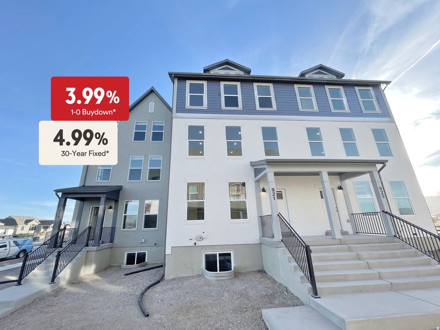 Save big with a 3.99% first-year rate and 4.99% long-term 30-year fixed rate on this gorgeous Ashville townhome at Beacon Pointe! This value packed home in Saratoga Springs-just steps from the Saratoga Springs Temple-also qualifies for the Utah Housing SB240 program, offering up to $20,000 in down-payment and closing-cost assistance for eligible buyers (consult First Colony Mortgage for details). The Ashville is an elegant end-unit townhome offering 4 bedrooms, 2.5 bathrooms, and 2,571 sq.ft. of beautifully designed living space. Its open-concept layout connects the kitchen, dining, and family room into one bright, welcoming gathering space, highlighted by a modern kitchen with stainless steel appliances, quartz countertops, and designer finishes. Upstairs, the vaulted primary suite provides a private retreat with a spa-inspired bath and spacious walk-in closet, complemented by three additional bedrooms and a conveniently located laundry room. A 408 sq. ft. unfinished basement provides future potential for an additional bedroom and full bath, while the two-car garage adds everyday convenience. HOA dues include high-speed fiber internet and full maintenance-free landscaping, and the community offers incredible amenities such as pickleball courts, a playground, pool, and miles of scenic trails. Lender Incentive: Offer subject to change without notice. Must use Destination Homes' preferred lender, First Colony Mortgage. Terms, rates, and availability are based on credit approval and program guidelines; not all buyers will qualify. See Sales Agent for details.