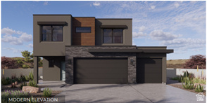 Contemporary two-story exterior featuring a flat roofline, attached 3 car garage.