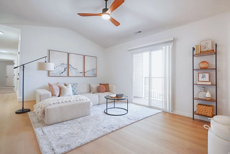 Welcome to this beautiful top-floor condo featuring stunning views! Vaulted ceilings, an open-concept layout, and large windows create a bright and spacious atmosphere. This home has been updated with new flooring, paint, light fixtures, plumbing fixtures, and countertops. Enjoy community amenities including a pool, clubhouse, gym, and parks. Conveniently located near shopping, trails, dining, and The Ranches Golf Course. Schedule your private showing today!  Square footage figures are provided as a courtesy estimate only and were obtained from county records. Buyer is advised to obtain an independent measurement.