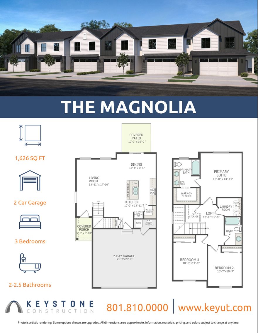 Welcome to the Magnolia, our cozy end-unit floor plan at Hiatt Creek. This home makes the most of every inch with an open main level, a tucked away nook perfect for studying or working from home, and oversized windows for plenty of light. Enjoy the privacy of a fenced-in backyard and the convenience of a full 25-foot driveway. Home is under construction and includes a 3% flex incentive toward closing costs, rate buy down, design upgrades, etc. Visit to our design center and fully personalize your home and come tour our homes today and see why families love the Keystone Construction difference.