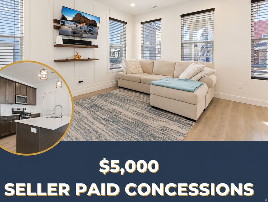 *** Open House 12-2 PM Saturday May 16*** Exciting end-unit townhome in Daybreak! Bright open layout, tall ceilings, designer kitchen with quartz & gas stove and refrigerator!  Vaulted owner's suite with spa bath. Larger finished garage with shelving + smart tech. Your own maintence free grass yard is included! Enjoy Daybreaks many pools, lake, & trails.