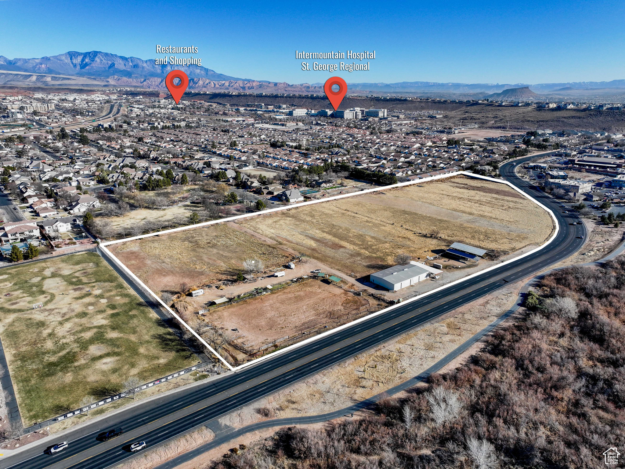 18.69 acres of Prime Commercial Land located on Riverside Drive, in the heart of St. George. Centrally located on Riverside Drive, Between Bluff Street and River Road. Close to Dixie Medical Center and other prime commercial businesses. Potential usage includes: Medical, Office, Retail, Restaurant, Residential. Across from Virgin River and walking path with high visibility and premium frontage on Riverside Drive. Water rights negotiable. Call Brent Keenan for question or more information at 435-680-1313.