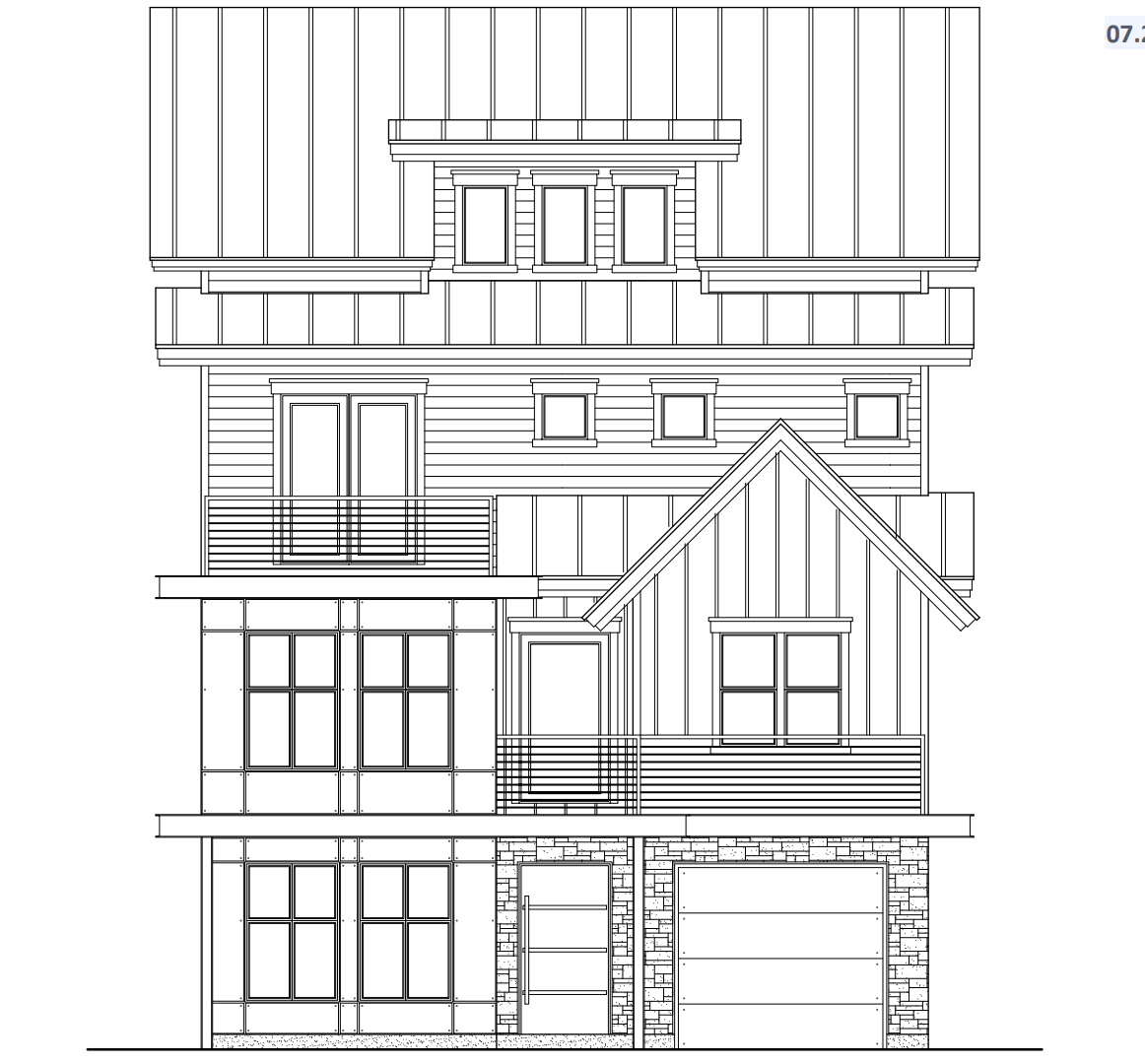 Architectural Drawing. Front elevation of the property detailing exterior features