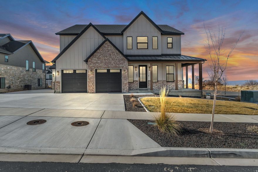 **Offering a 3.99% starting interest rate via a seller-paid 2/1 buy down and closing costs paid up to $6k.  **Buyer must qualify through Seller's Preferred Lender to obtain rate buydown.  Nestled on a scenic corner lot in Salem, Utah, this stunning farmhouse-style home offers the perfect blend of rustic charm coupled with modern touches, all framed by breathtaking views of the mountains and Utah Lake from the expansive back porch. Featuring 7 spacious bedrooms, big bathrooms, and thoughtfully designed living areas, this home is ideal for gatherings and entertaining. The interior boasts beautiful wood beams, elegant lighting, and custom tile work that add warmth and sophistication throughout. With 3 porches featuring overhangs, a 3-car garage, and abundant storage space, there's room for everything you need. The downstairs snack bar and theater room make for the ultimate gathering spaces, while the open layout ensures a comfortable flow between rooms. Whether you're relaxing on the porch or enjoying cozy nights indoors, this home is designed to fit every stage of life. Don't miss the chance to experience farmhouse elegance and unparalleled views in one of Salem's most desirable locations. This house is equipped with GE Cafe appliances as well as many other designer brands such as Ralph Lauren lighting throughout the house.